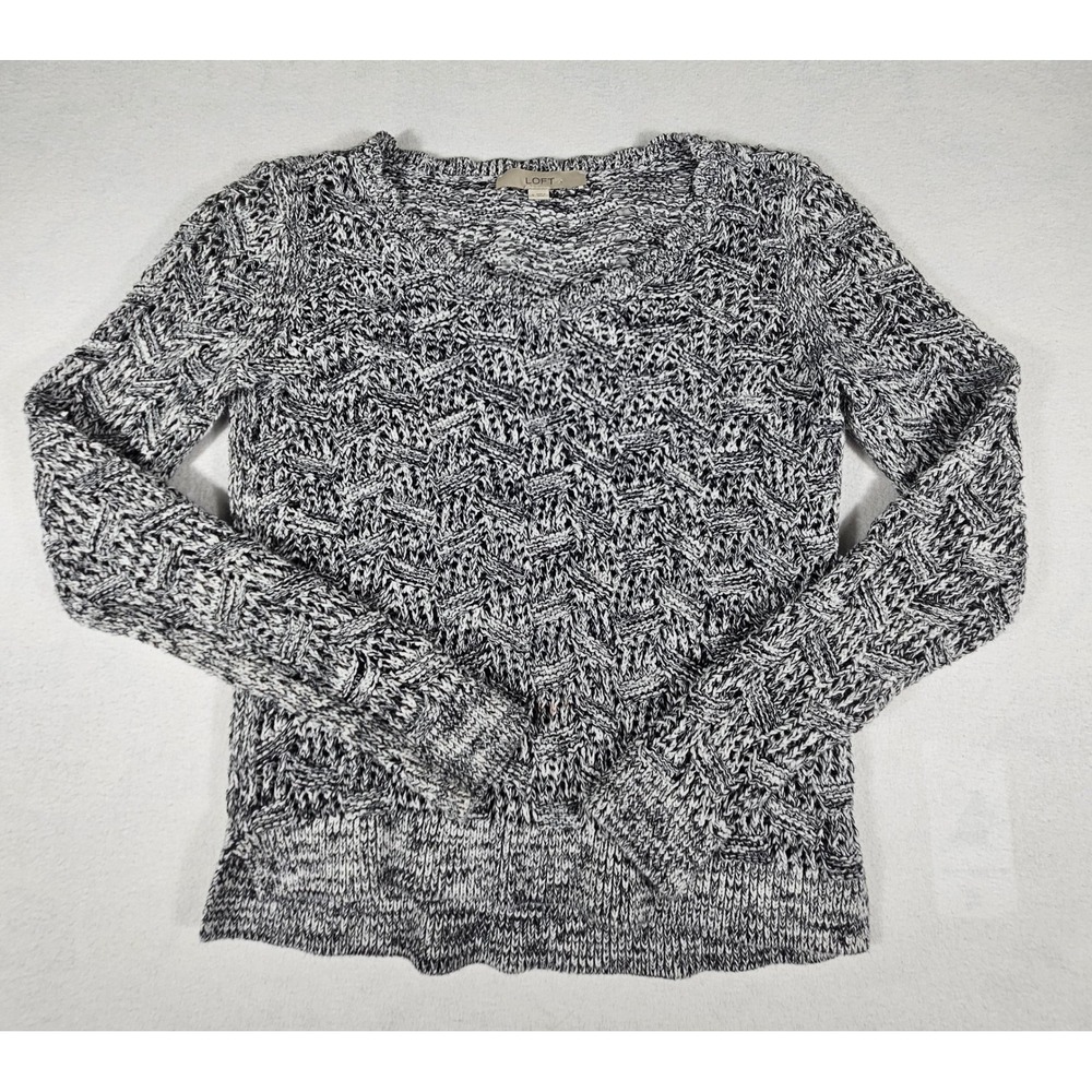 Loft Womens Black White Marled‎ Cotton Knit Chevron Scoop Neck Sweater Small